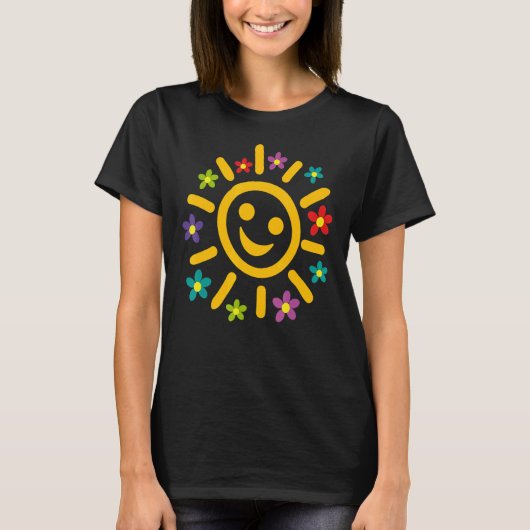 夏の太陽の青い雲カラフル花とおもしろい Tシャツ (正面)