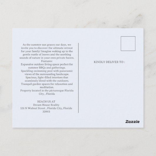 夏の実在不動産のリストまたはプロモーション ポストカード (裏面)