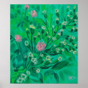 夏の山草の(昆虫)マルハナバチ絵画の花 ポスター