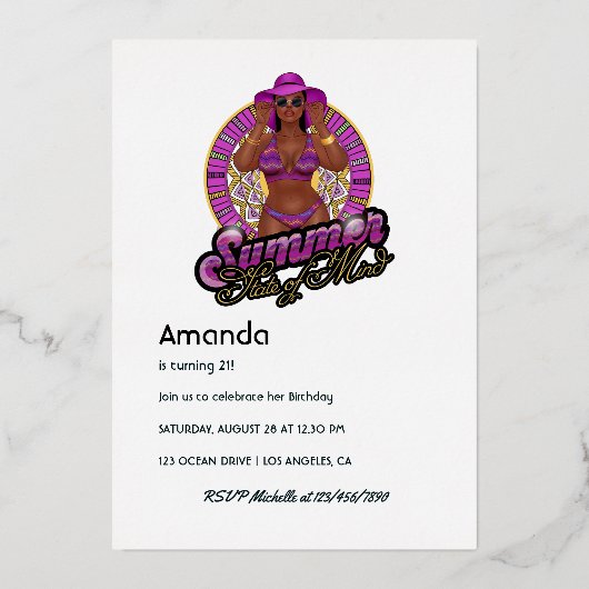 夏の州の心のビーチ誕生日パーティー 箔招待状 (裏面)