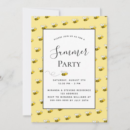 夏の庭でのパーティー ハッピーなミツバチたち バックヤード BBQ 招待状 (正面)