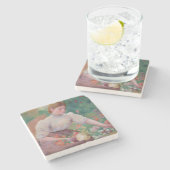 夏の庭で花を摘む少女 ストーンコースター (横)