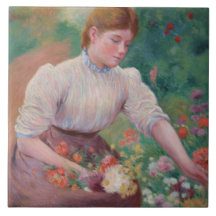 夏の庭で花を摘む少女