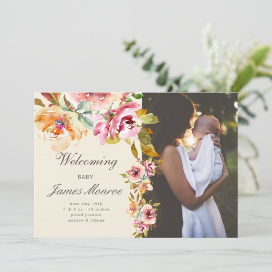 夏の庭のフローラの誕生発表フォトカード 招待状 (スタンド正面)