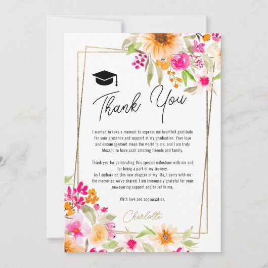 夏の庭のフローラ金ゴールド写真の卒業 サンキューカード (正面)