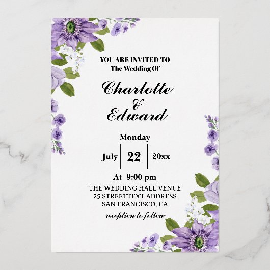 夏の庭の水の色のフローラのフォイル結婚インビ 箔招待状 (正面)