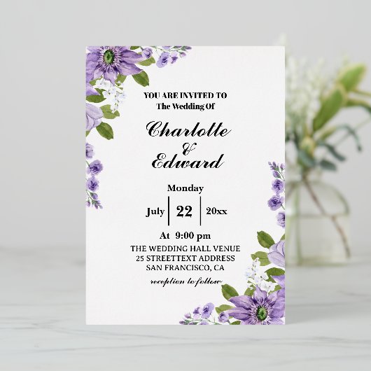 夏の庭の水の色のフローラのフォイル結婚インビ 箔招待状 (立ち正面)