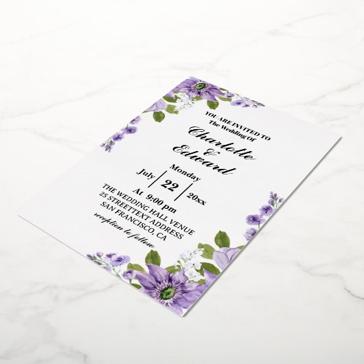 夏の庭の水の色のフローラのフォイル結婚インビ 箔招待状 (回転した状態)