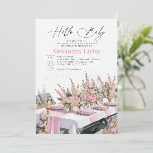 夏の庭の水の色ベビーエレガントガールシャワー 招待状 (スタンド正面)