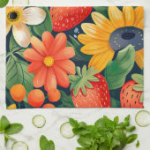 夏の庭の花いちご柄 キッチンタオル (折り畳み)