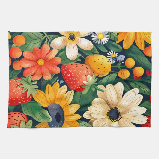 夏の庭の花いちご柄 キッチンタオル (横)