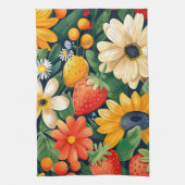 夏の庭の花いちご柄 キッチンタオル (縦)