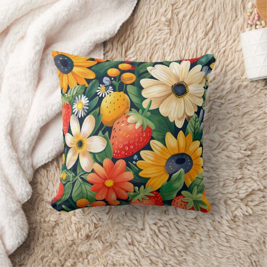 夏の庭の花いちご柄 クッション (ブランケット)