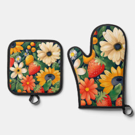 夏の庭の花いちご柄 鍋つかみ&鍋敷きセット