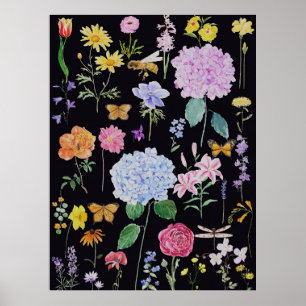 夏の庭の花の背景（黒） ポスター