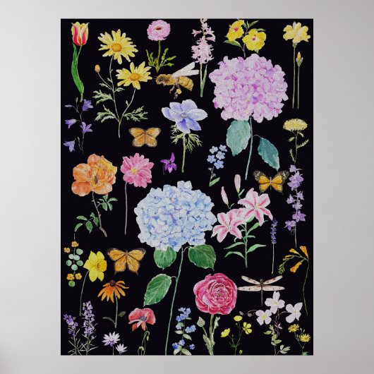 夏の庭の花の背景(黒) ポスター (正面)