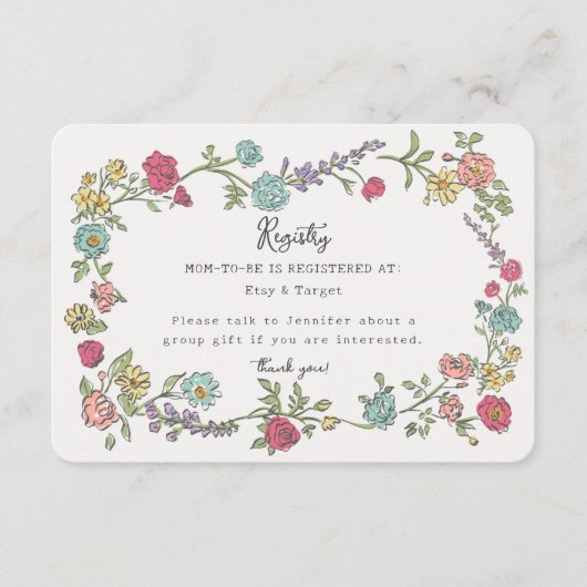 夏の庭パーティーフローラベビーレジストリの挿入 エンクロージャーカード (正面)