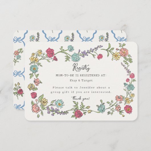 夏の庭パーティーフローラベビーレジストリの挿入 エンクロージャーカード (正面/裏面)