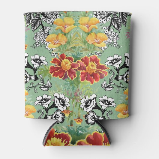 夏の庭:咲く水色の花。 缶クーラー (正面)