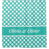 夏の感じターコイズと白の水玉模様パターン シャワーカーテン (正面)