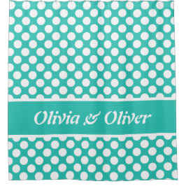 夏の感じターコイズと白の水玉模様パターン シャワーカーテン