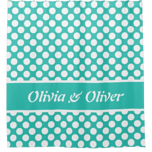 夏の感じターコイズと白の水玉模様パターン シャワーカーテン (正面)