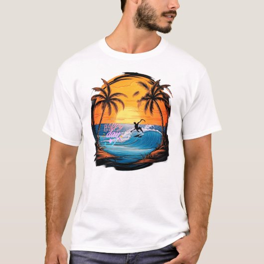 夏の懐かしさ - 手描きのビーチパラダイス Tシャツ (正面)