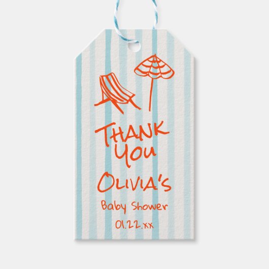 夏の手で描かれたオレンジ色のベビーボードの赤ちゃんシャワー ギフトタグ (正面)