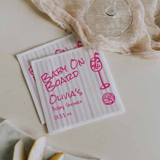 夏の手で描かれたピンクのベビーボードの赤ちゃんシャワー スタンダードカクテルナプキン