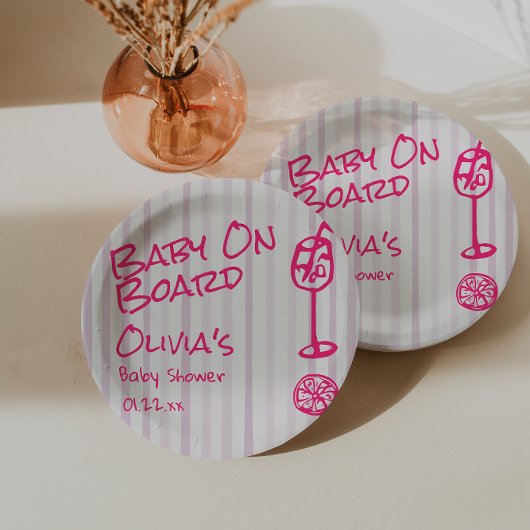 夏の手で描かれたピンクのベビーボードの赤ちゃんシャワー ペーパープレート