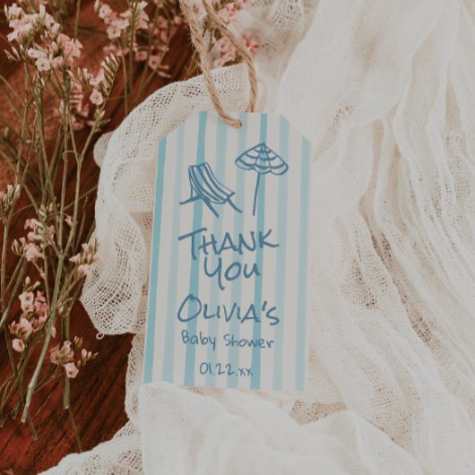 夏の手を引いた青いベビーボードの赤ちゃんシャワー ギフトタグ