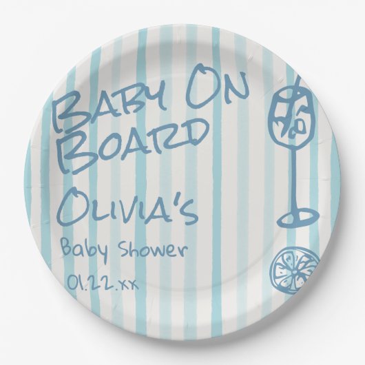 夏の手を引いた青いベビーボードの赤ちゃんシャワー ペーパープレート (正面)