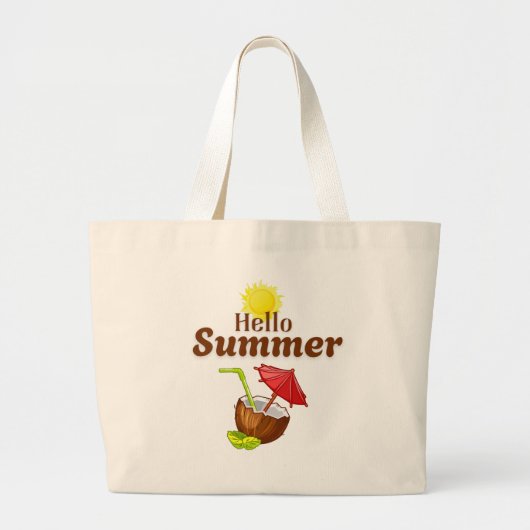 夏の挨拶 黄色い太陽 ココナッツ 赤い傘 ラージトートバッグ (正面)