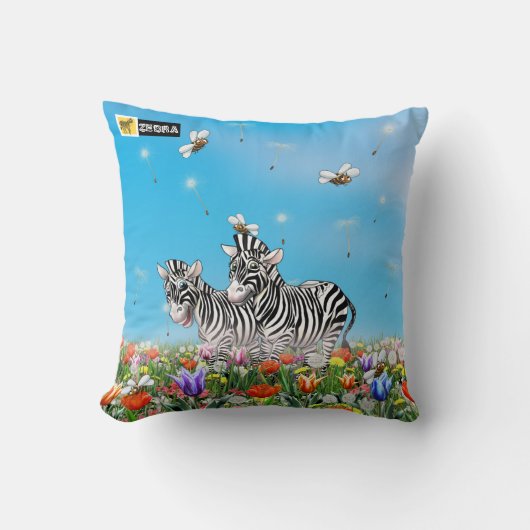夏の散歩かわいいシマウマ花よき水色 クッション (正面)