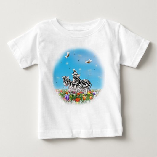 夏の散歩かわいいシマウマ花よき水色 ベビーTシャツ (正面)