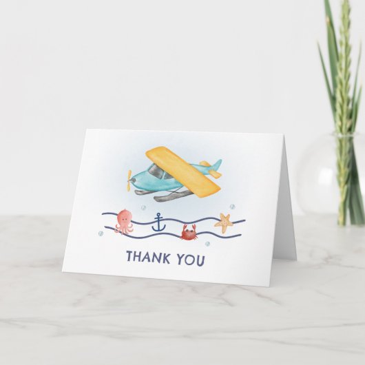 夏の旅の冒険 海の飛行機 ベビーシャワー サンキューカード (正面)