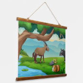 夏の日に渓流に流れる動物 吊り下げ型タペストリー (傾斜あり)