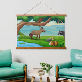 夏の日に渓流に流れる動物 吊り下げ型タペストリー