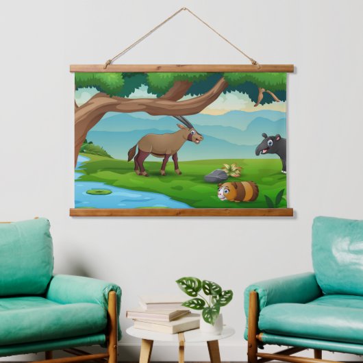 夏の日に渓流に流れる動物 吊り下げ型タペストリー (リビング)