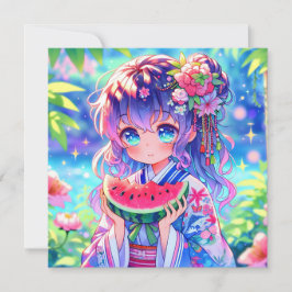 夏の日に食べ物かわいいアニメ女子スイカ