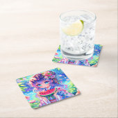 夏の日に食べ物かわいいアニメ女子スイカ スクエアペーパーコースター (インサイチュ)