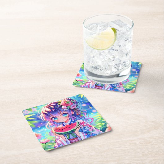 夏の日に食べ物かわいいアニメ女子スイカ スクエアペーパーコースター (インサイチュ)