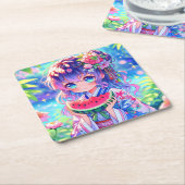 夏の日に食べ物かわいいアニメ女子スイカ スクエアペーパーコースター (アングル)