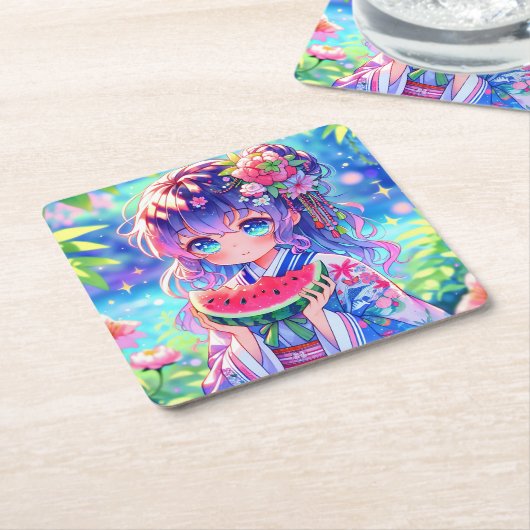 夏の日に食べ物かわいいアニメ女子スイカ スクエアペーパーコースター (アングル)