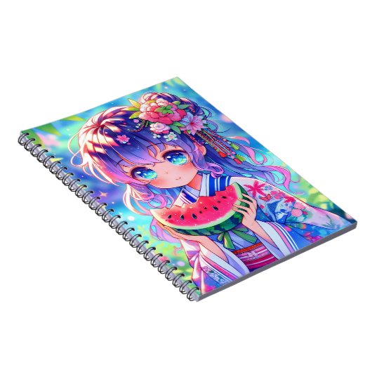 夏の日に食べ物かわいいアニメ女子スイカ ノートブック (右側)