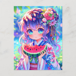 夏の日に食べ物かわいいアニメ女子スイカ ポストカード