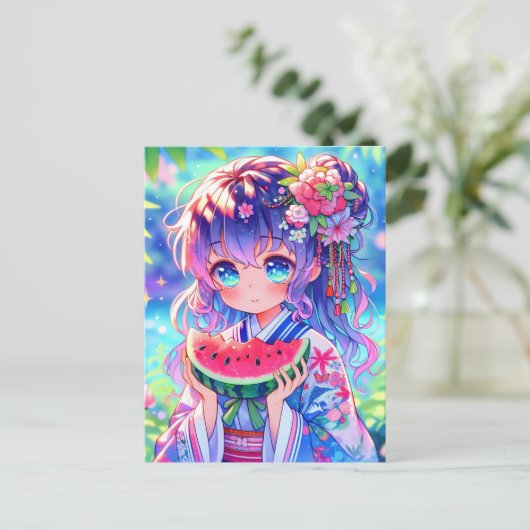 夏の日に食べ物かわいいアニメ女子スイカ ポストカード (スタンド正面)