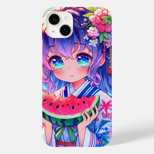 夏の日に食べ物かわいいアニメ女子スイカ Case-Mate iPhoneケース (裏面)