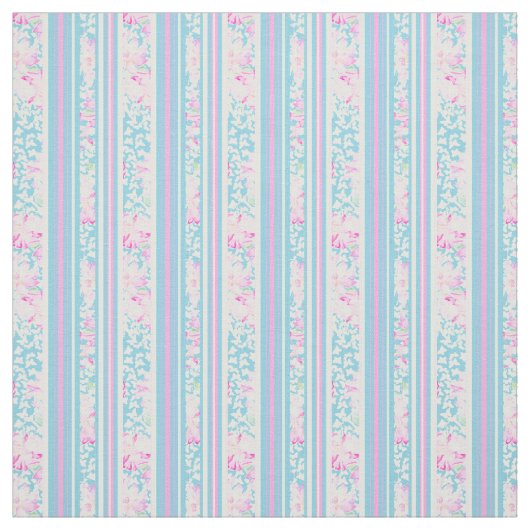 夏の日の花柄のストライプのピンクのスカイブルーの白 ファブリック (見本)