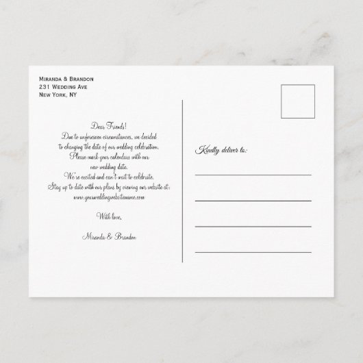 夏の日没フローラビーチ結婚式日付の変更 案内ポストカード (裏面)